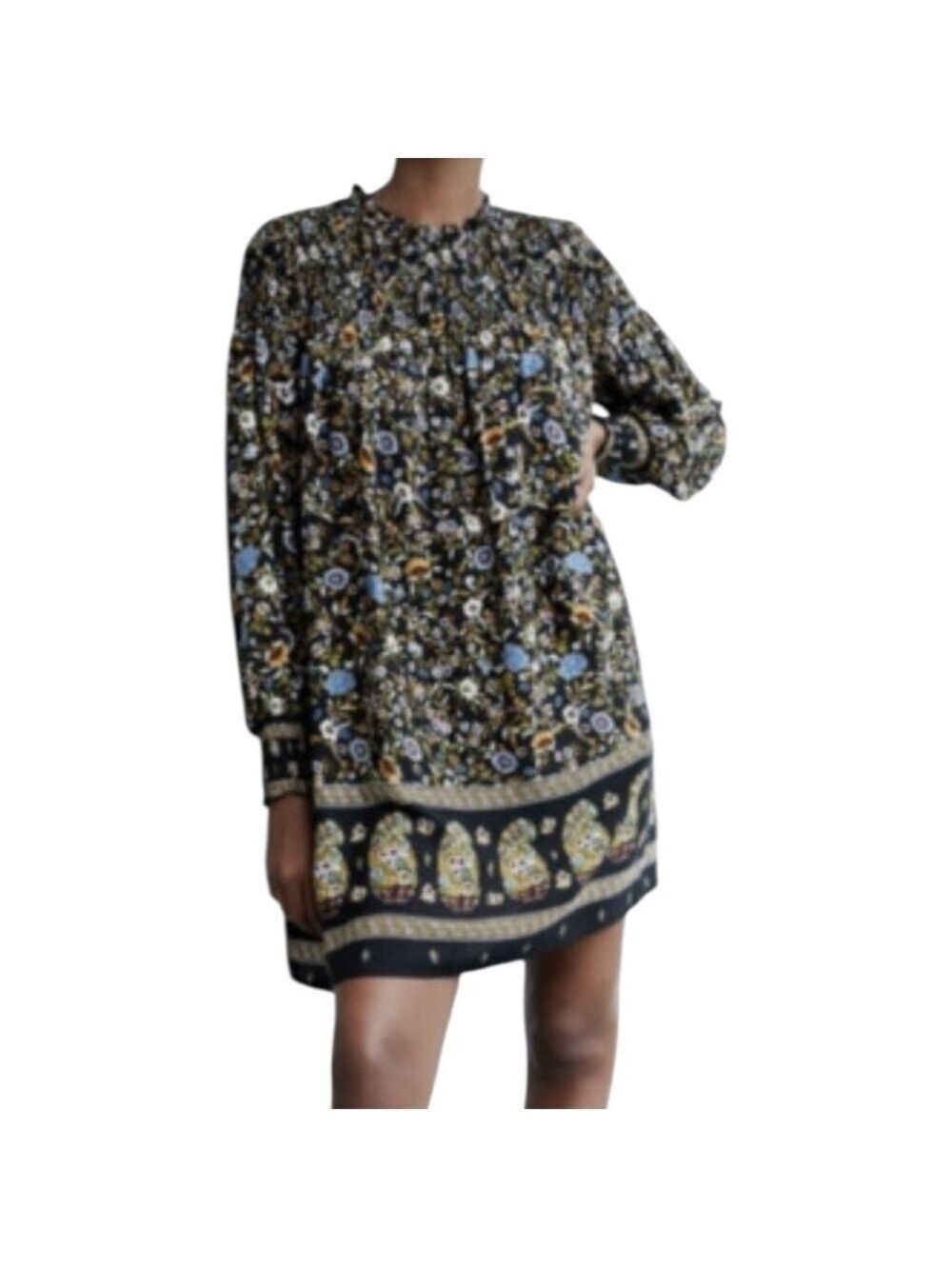 Zara Smocked Long Sleeve BotanicalKnee Length Swing Dress XL Dark Romantic
